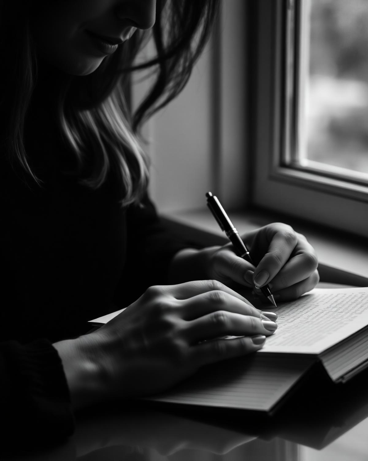 Mãos escrevendo em um caderno junto à janela